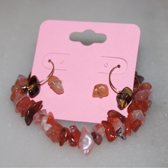 Crystal Jewelry Set Carnelian Bracelet & Crystal Earrings Handmade Orange Brown - Picture 1 of 3